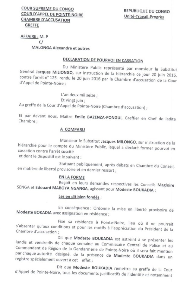 Pourvoi en Cassation du Ministre Pierre Mabiala contre la Libération du Président Modeste Boukadia