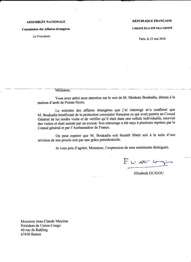 Lettre de Mme Elisabeth Guigou, Presidente de la Commission des Affaires Etrangeres